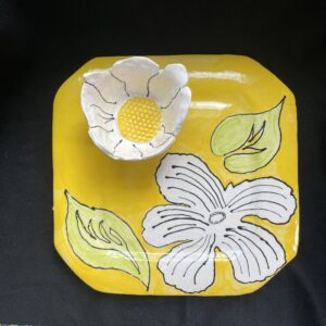 Hand painted tray set in bright yellow, green and white.