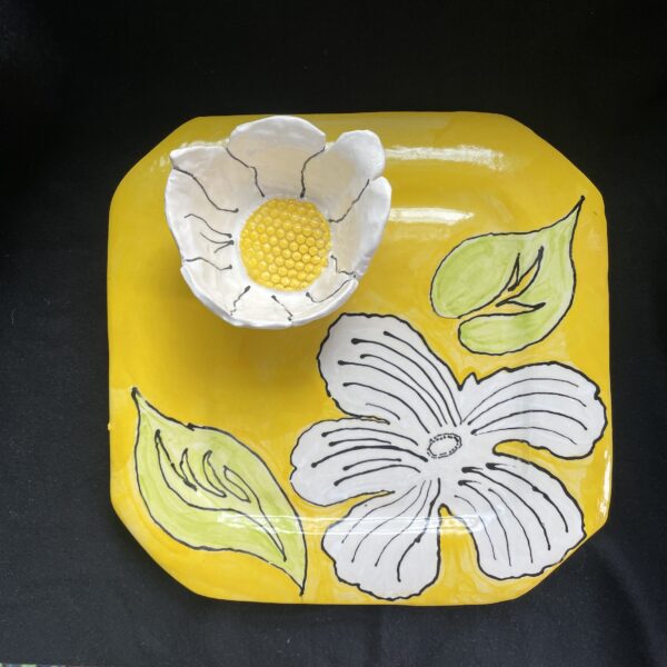Hand painted tray set in bright yellow, green and white.