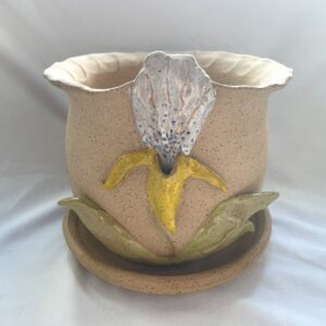 Orchid pot decorated with a with white, blue and yellow flower.