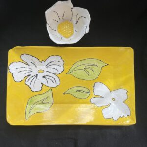 Hand made, two piece tray and bowl set in bright yellow